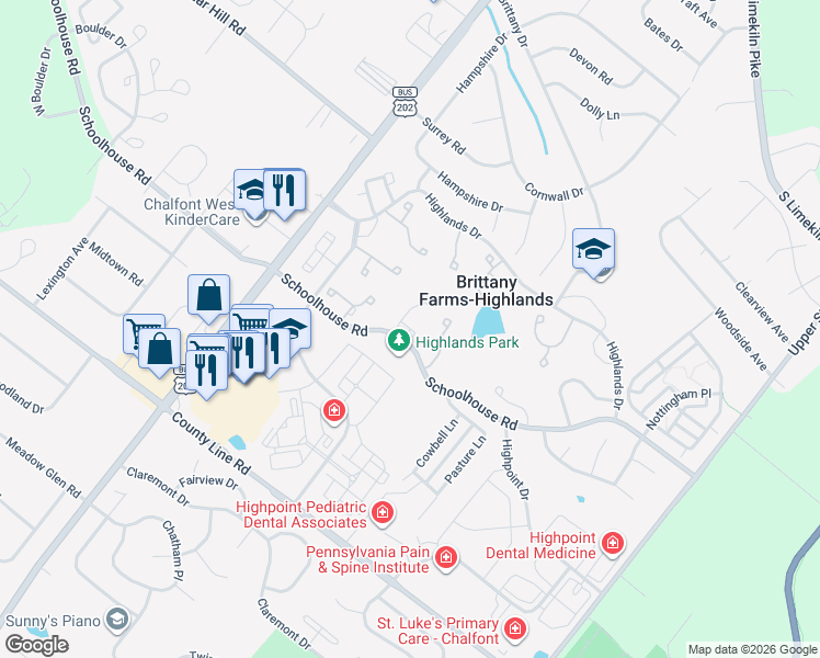 map of restaurants, bars, coffee shops, grocery stores, and more near Kelso Court in Chalfont