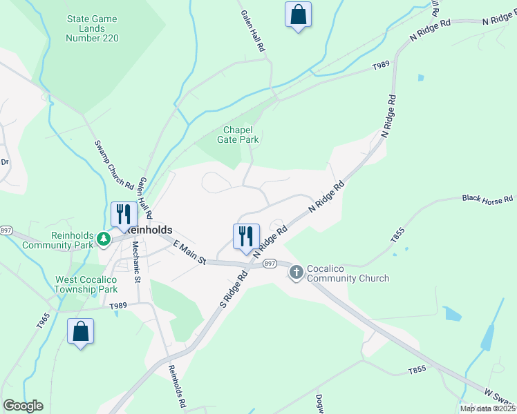 map of restaurants, bars, coffee shops, grocery stores, and more near 110 Chapel View Drive in Reinholds