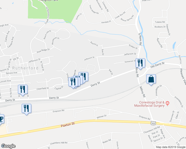 map of restaurants, bars, coffee shops, grocery stores, and more near 7875 Clearfield Street in Harrisburg