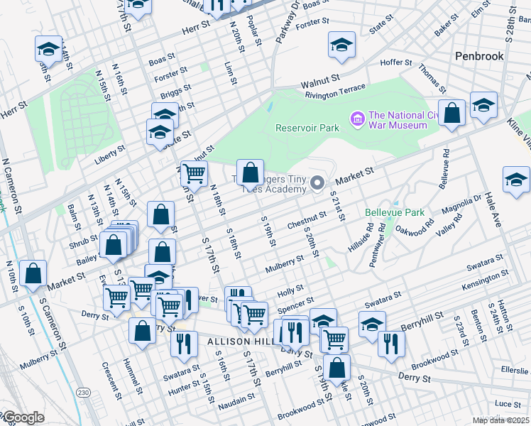 map of restaurants, bars, coffee shops, grocery stores, and more near 1903 Market Street in Harrisburg
