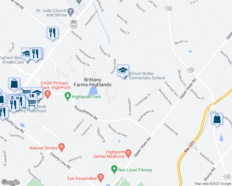 map of restaurants, bars, coffee shops, grocery stores, and more near 211 Inverness Circle in Chalfont