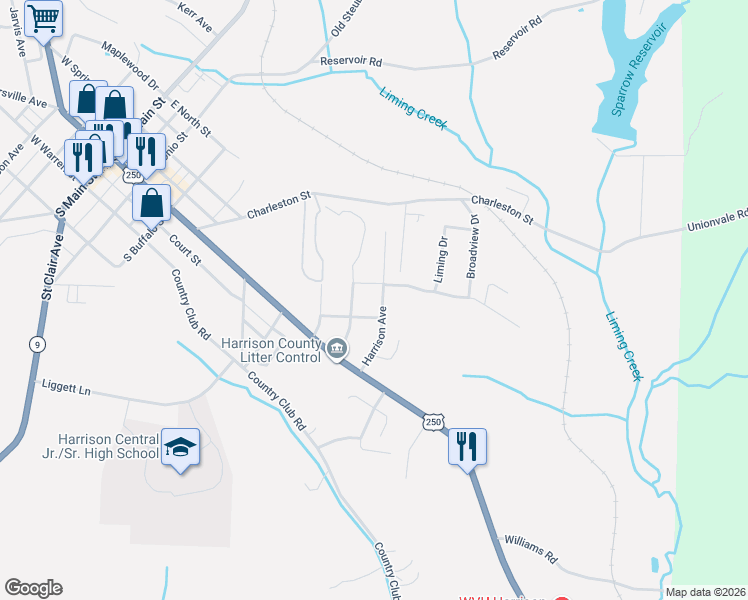 map of restaurants, bars, coffee shops, grocery stores, and more near 142 Custer Avenue in Cadiz