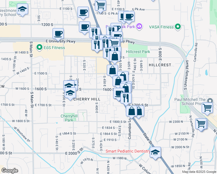 map of restaurants, bars, coffee shops, grocery stores, and more near 473 East 1600 South Street in Orem