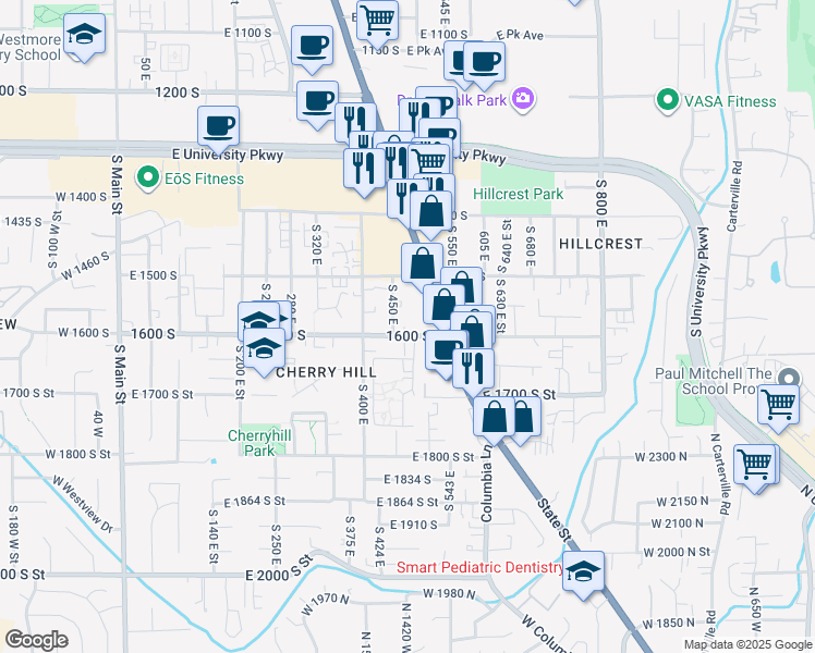 map of restaurants, bars, coffee shops, grocery stores, and more near 464 1600 south in Orem