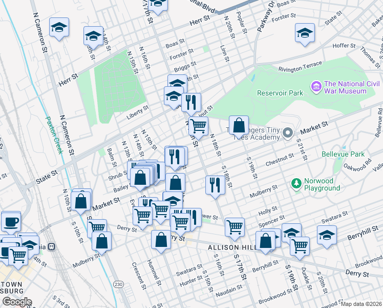 map of restaurants, bars, coffee shops, grocery stores, and more near 1613 Park Street in Harrisburg