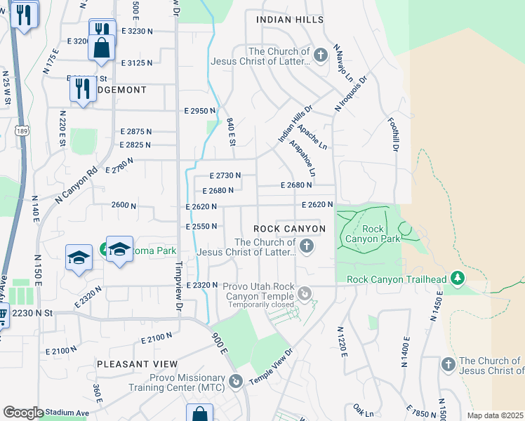 map of restaurants, bars, coffee shops, grocery stores, and more near 2541 North 1000 East in Provo
