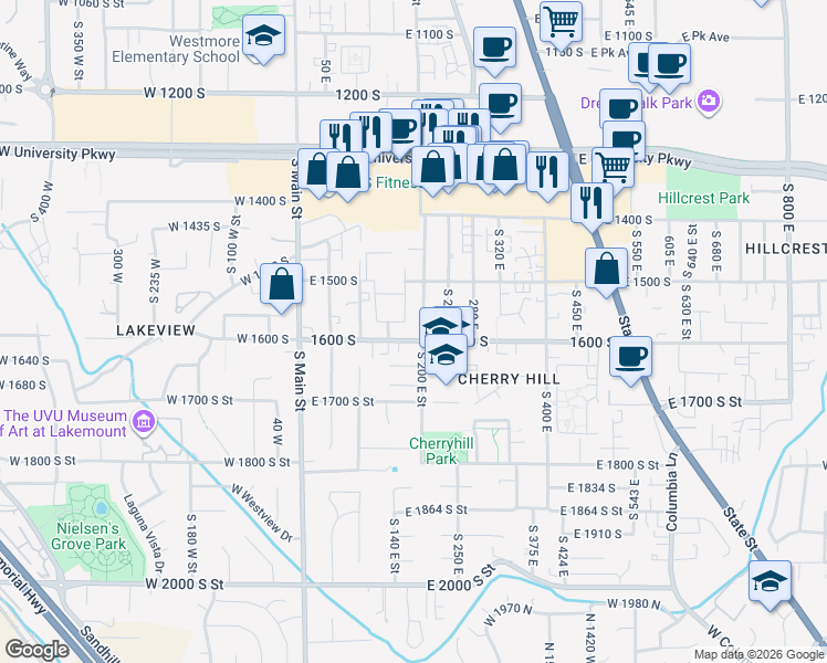 map of restaurants, bars, coffee shops, grocery stores, and more near 195 East 1600 South Street in Orem
