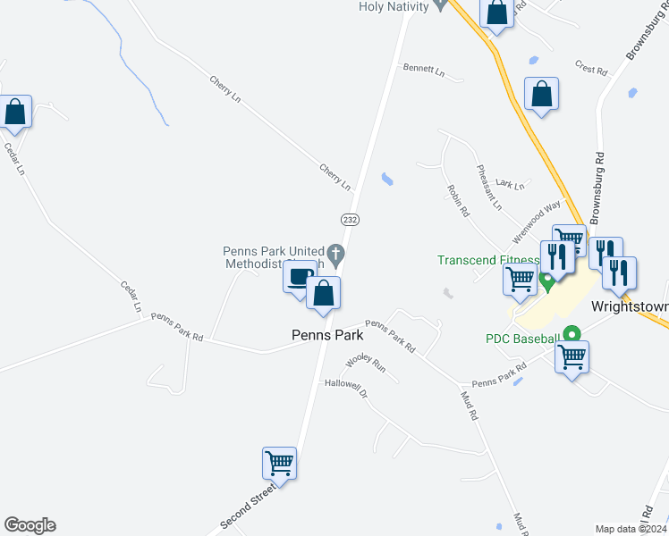 map of restaurants, bars, coffee shops, grocery stores, and more near 2394 2nd Street Pike in Newtown