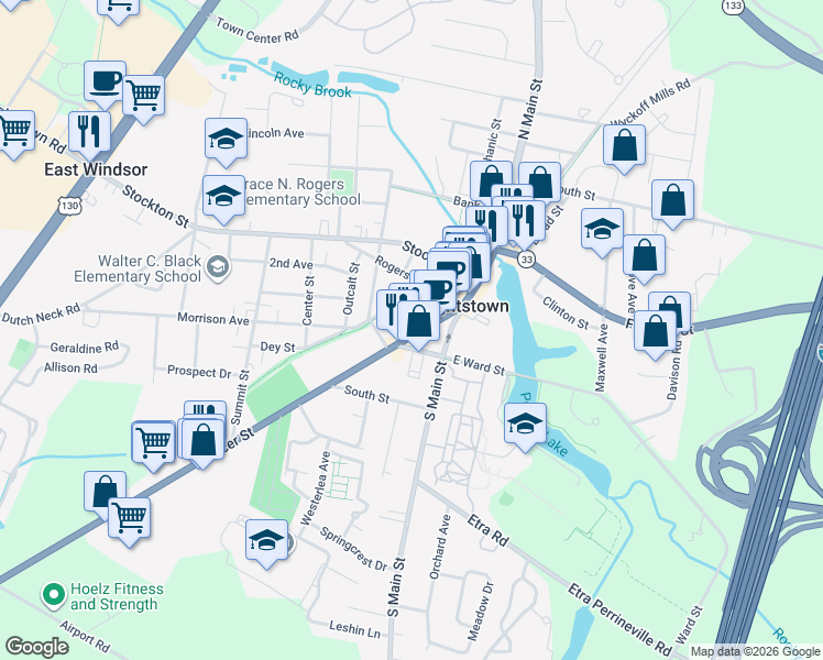 map of restaurants, bars, coffee shops, grocery stores, and more near 145 West Ward Street in Hightstown
