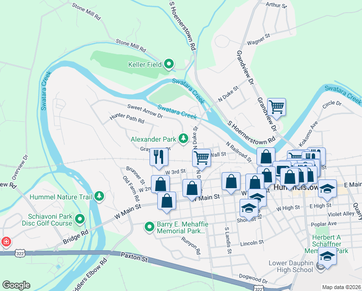 map of restaurants, bars, coffee shops, grocery stores, and more near 109 Graystone Drive in Hummelstown