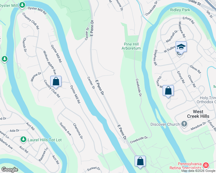 map of restaurants, bars, coffee shops, grocery stores, and more near East Penn Drive in Enola