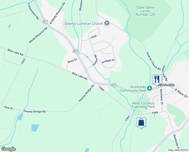 map of restaurants, bars, coffee shops, grocery stores, and more near 300 Pennsylvania 897 in Reinholds