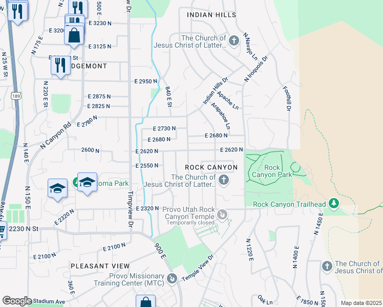 map of restaurants, bars, coffee shops, grocery stores, and more near 2541 North 1000 East in Provo