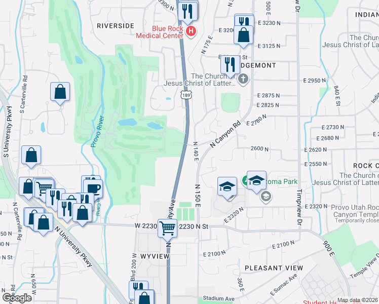map of restaurants, bars, coffee shops, grocery stores, and more near 2595 North University Avenue in Provo
