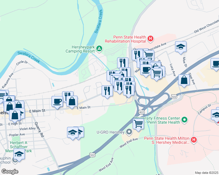 map of restaurants, bars, coffee shops, grocery stores, and more near 605 East Main Street in Hummelstown