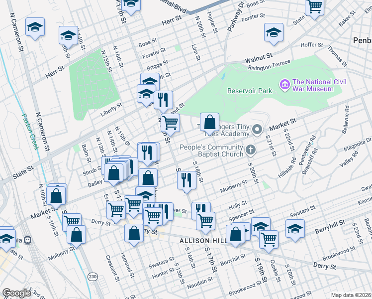 map of restaurants, bars, coffee shops, grocery stores, and more near 1708 Market Street in Harrisburg