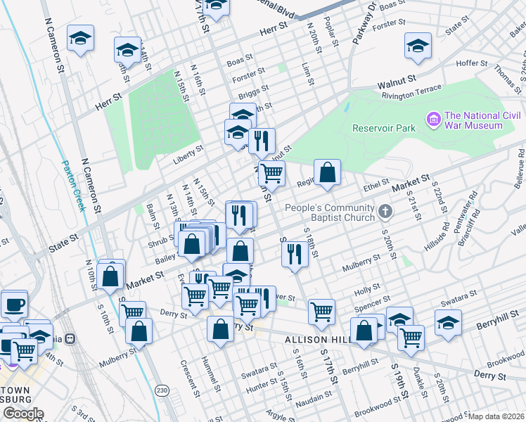 map of restaurants, bars, coffee shops, grocery stores, and more near 1613 Park Street in Harrisburg
