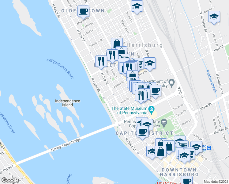 map of restaurants, bars, coffee shops, grocery stores, and more near 116 Cumberland Street in Harrisburg
