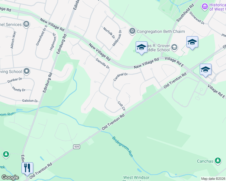 map of restaurants, bars, coffee shops, grocery stores, and more near 81 Danville Drive in West Windsor Township