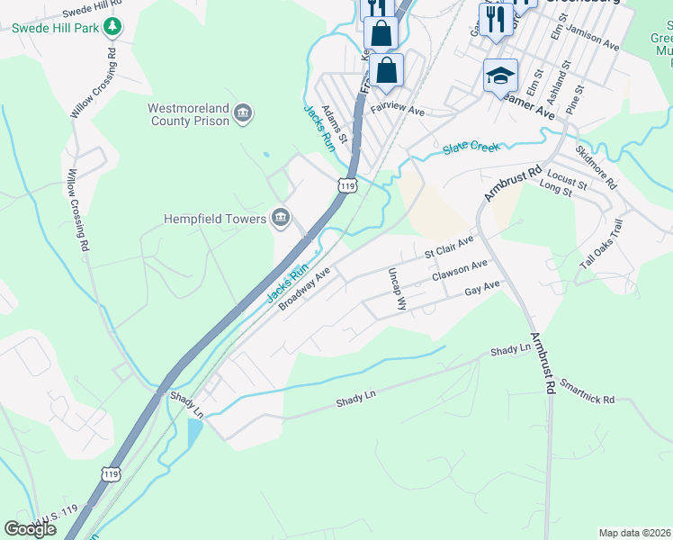 map of restaurants, bars, coffee shops, grocery stores, and more near 2009 Furlong Street in Greensburg