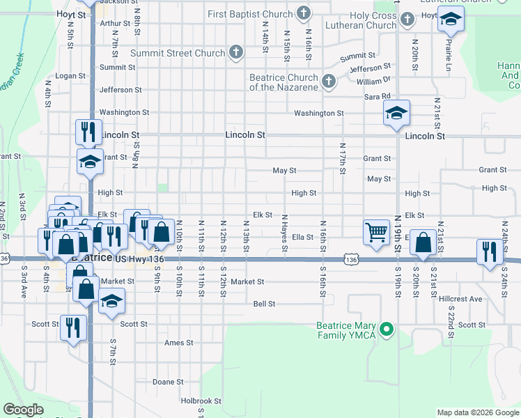 map of restaurants, bars, coffee shops, grocery stores, and more near 1309 Elk Street in Beatrice