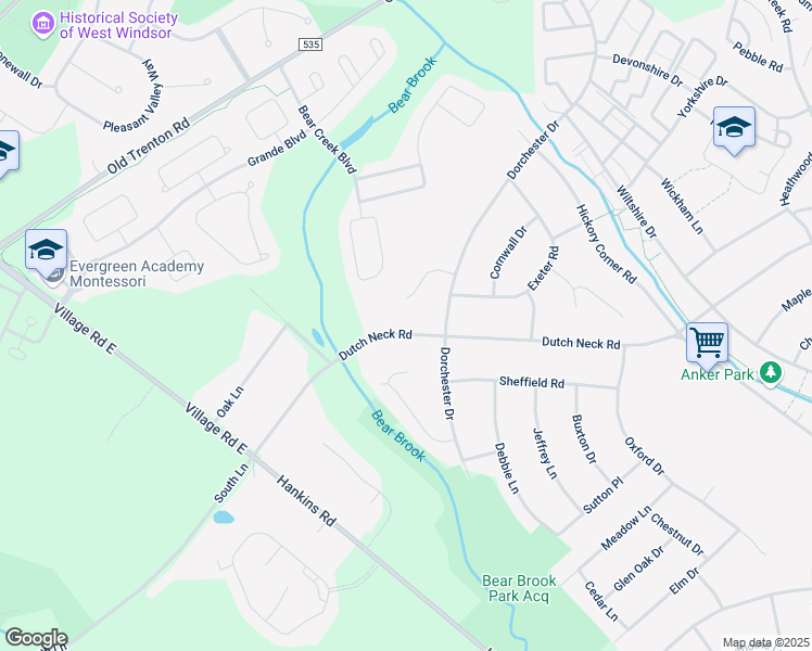 map of restaurants, bars, coffee shops, grocery stores, and more near 614 Dutch Neck Road in East Windsor