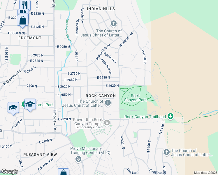 map of restaurants, bars, coffee shops, grocery stores, and more near 1108 East 2620 North in Provo