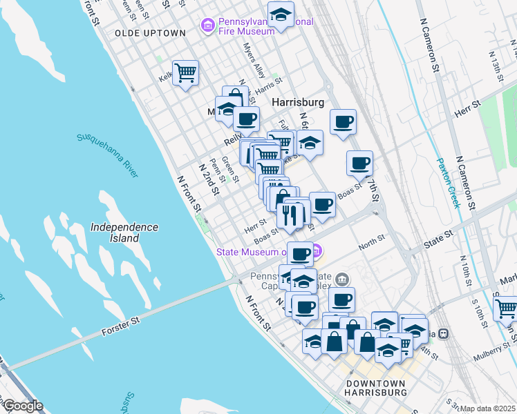 map of restaurants, bars, coffee shops, grocery stores, and more near 257 Cumberland Street in Harrisburg