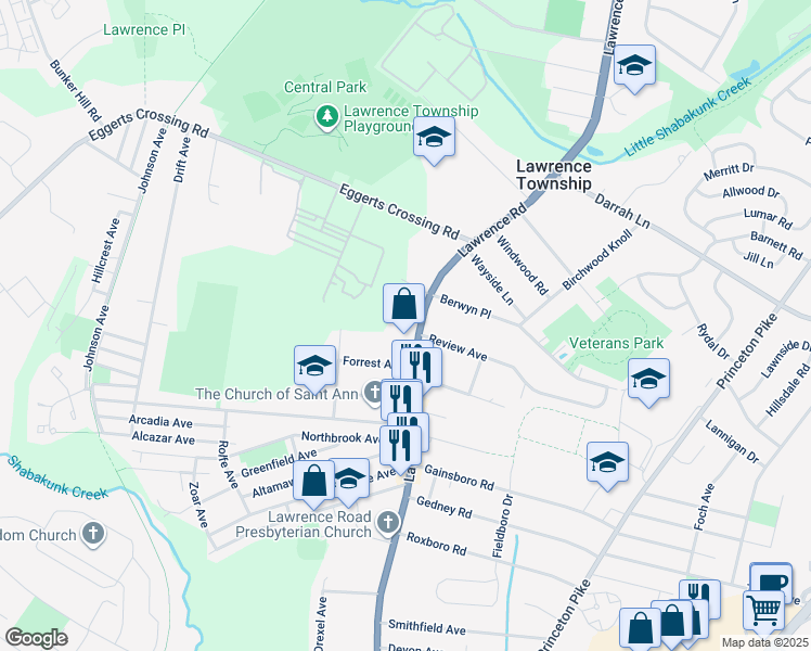 map of restaurants, bars, coffee shops, grocery stores, and more near 1361 Lawrenceville Road in Lawrence Township