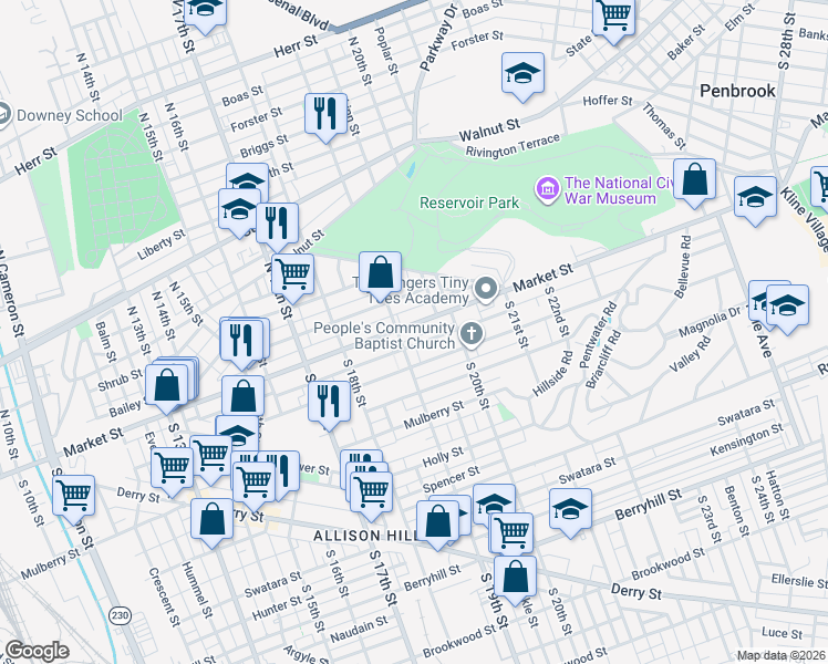 map of restaurants, bars, coffee shops, grocery stores, and more near 1913 Market Street in Harrisburg