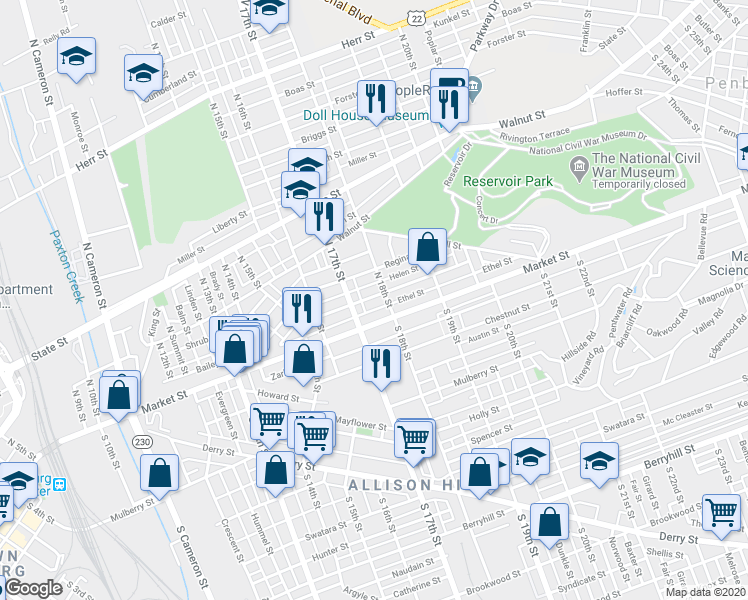 map of restaurants, bars, coffee shops, grocery stores, and more near 1729 Park Street in Harrisburg