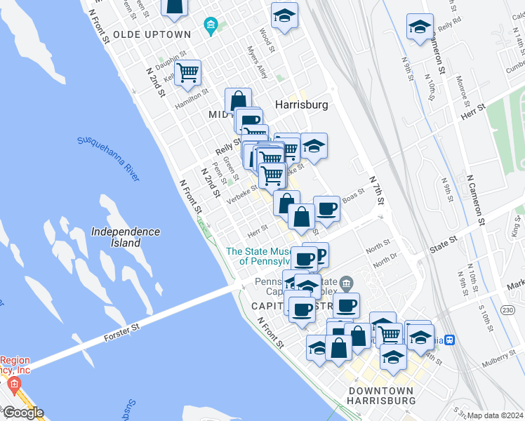 map of restaurants, bars, coffee shops, grocery stores, and more near 259 Cumberland Street in Harrisburg