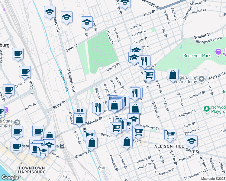 map of restaurants, bars, coffee shops, grocery stores, and more near 1322 Walnut Street in Harrisburg