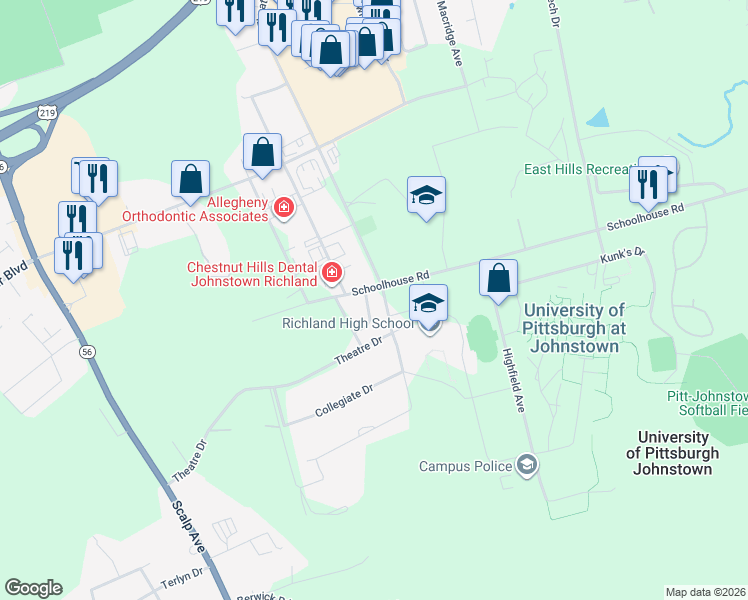 map of restaurants, bars, coffee shops, grocery stores, and more near 295 Schoolhouse Rd in Johnstown