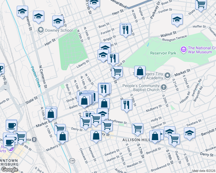 map of restaurants, bars, coffee shops, grocery stores, and more near 1632 Regina Street in Harrisburg
