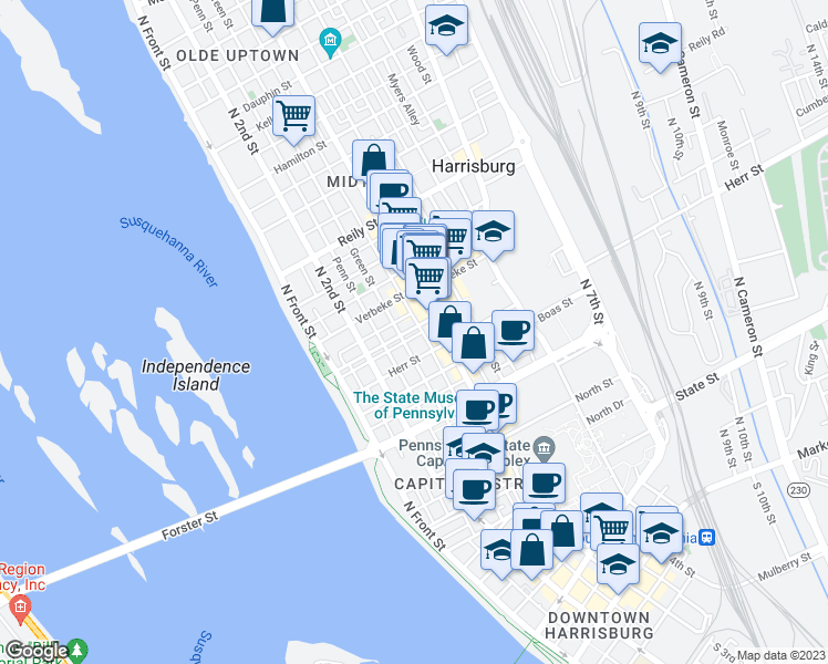 map of restaurants, bars, coffee shops, grocery stores, and more near 261 Cumberland Street in Harrisburg