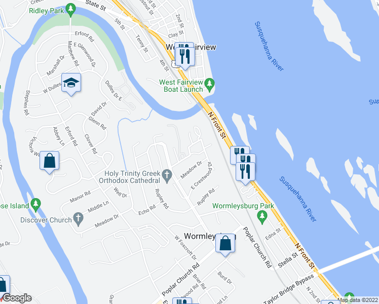 map of restaurants, bars, coffee shops, grocery stores, and more near 1823 West Crestwood Drive in Camp Hill