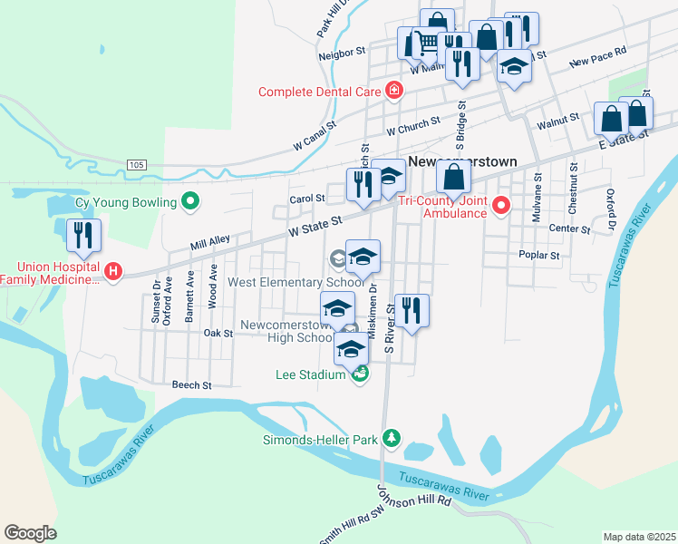 map of restaurants, bars, coffee shops, grocery stores, and more near 517 Beaver Street in Newcomerstown