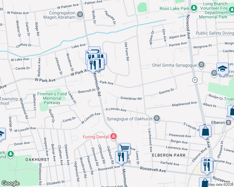 map of restaurants, bars, coffee shops, grocery stores, and more near 326 Park Avenue in Ocean Township