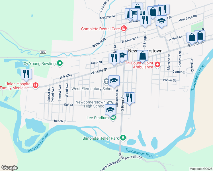 map of restaurants, bars, coffee shops, grocery stores, and more near 517 Beaver Street in Newcomerstown