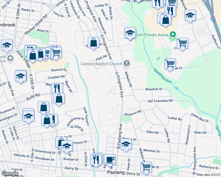 map of restaurants, bars, coffee shops, grocery stores, and more near 1001 South Progress Avenue in Harrisburg
