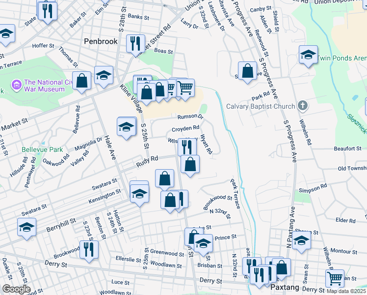 map of restaurants, bars, coffee shops, grocery stores, and more near 2962 Wilson Parkway in Harrisburg