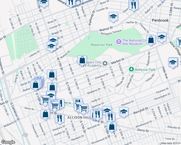 map of restaurants, bars, coffee shops, grocery stores, and more near 1926 Market Street in Harrisburg