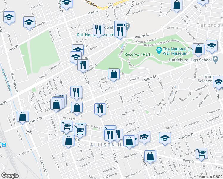 map of restaurants, bars, coffee shops, grocery stores, and more near 25 North 19th Street in Harrisburg
