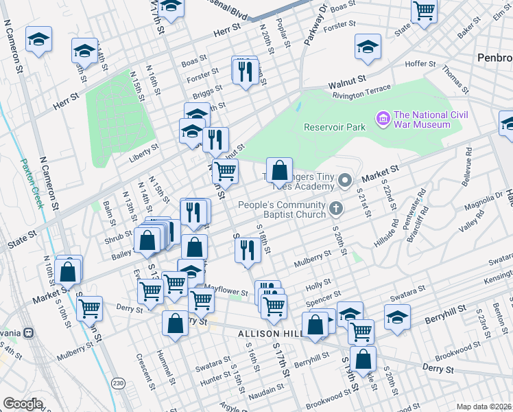 map of restaurants, bars, coffee shops, grocery stores, and more near 1826 Park Street in Harrisburg