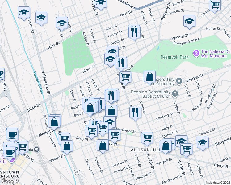map of restaurants, bars, coffee shops, grocery stores, and more near 1632 Regina Street in Harrisburg