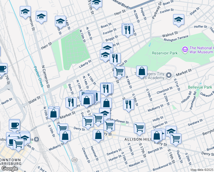 map of restaurants, bars, coffee shops, grocery stores, and more near 66 North 16th Street in Harrisburg