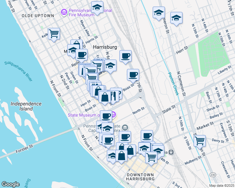 map of restaurants, bars, coffee shops, grocery stores, and more near 1100 North 6th Street in Harrisburg