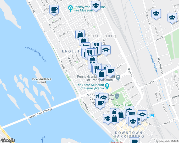 map of restaurants, bars, coffee shops, grocery stores, and more near 1206 North 3rd Street in Harrisburg