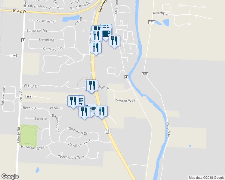 map of restaurants, bars, coffee shops, grocery stores, and more near 109 Hull Drive in Delaware